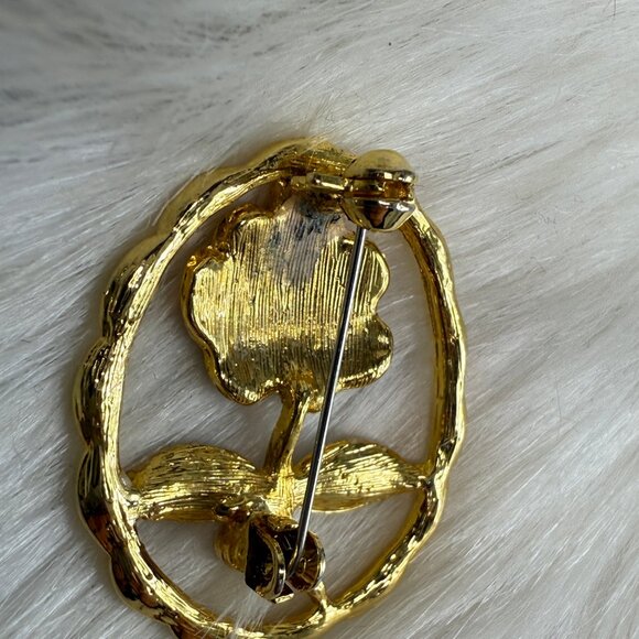 Vintage Enamel Gold Tone & Rhinestone Oval Flower Floral Brooch Pin - Picture 4 of 5